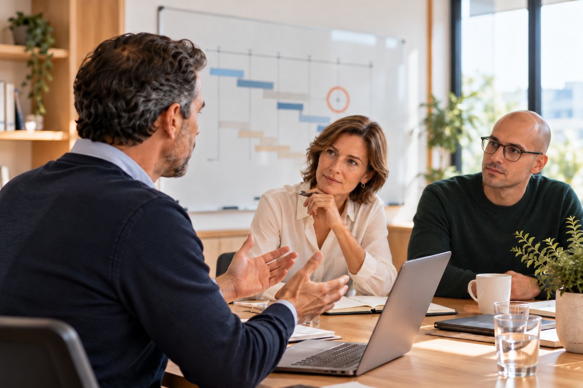 A man raises a concern about a project timeline during a small team meeting while two colleagues listen.