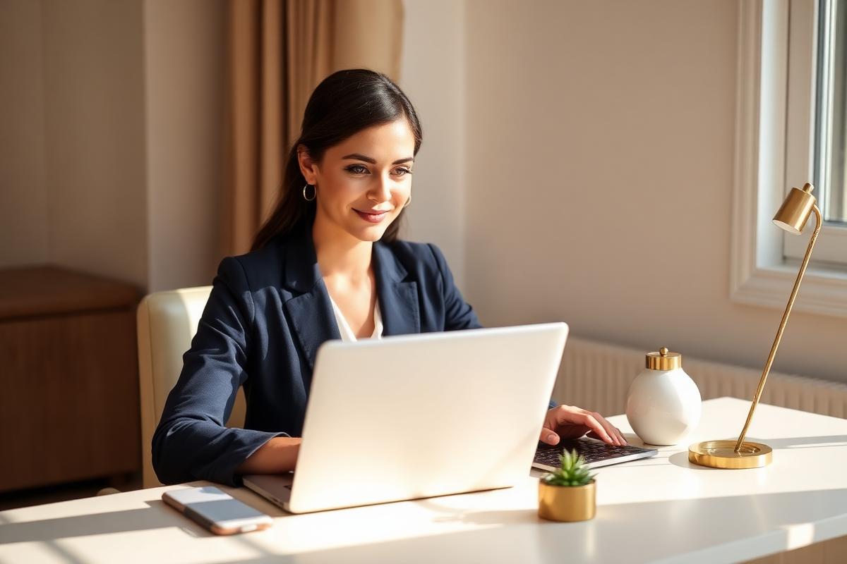 Professional preparing for an online job interview in English