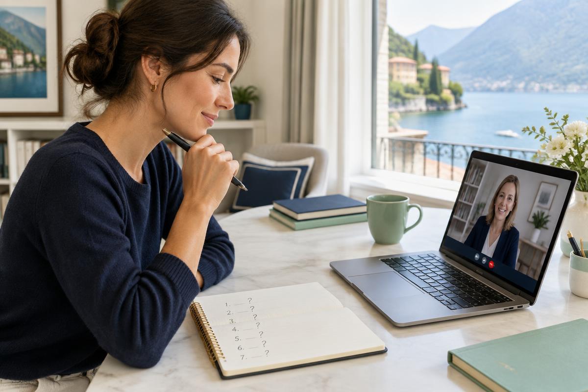 Adult learner preparing seven questions before a private online English lesson