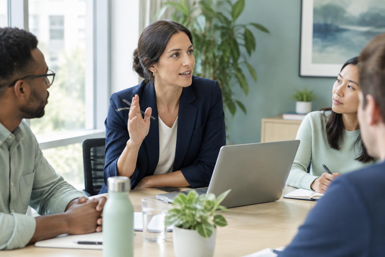 Professional raising her hand to speak during a team meeting