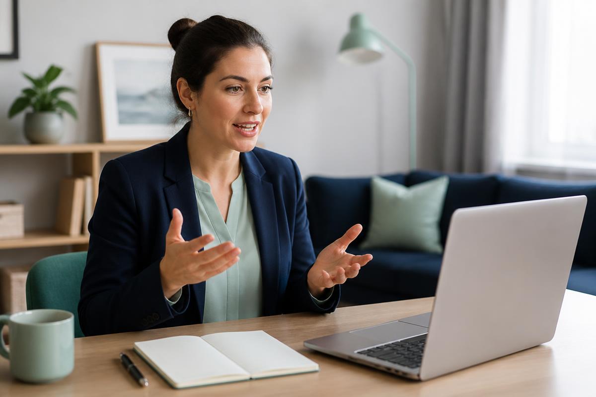 Professional practising a job interview answer in English on a video call