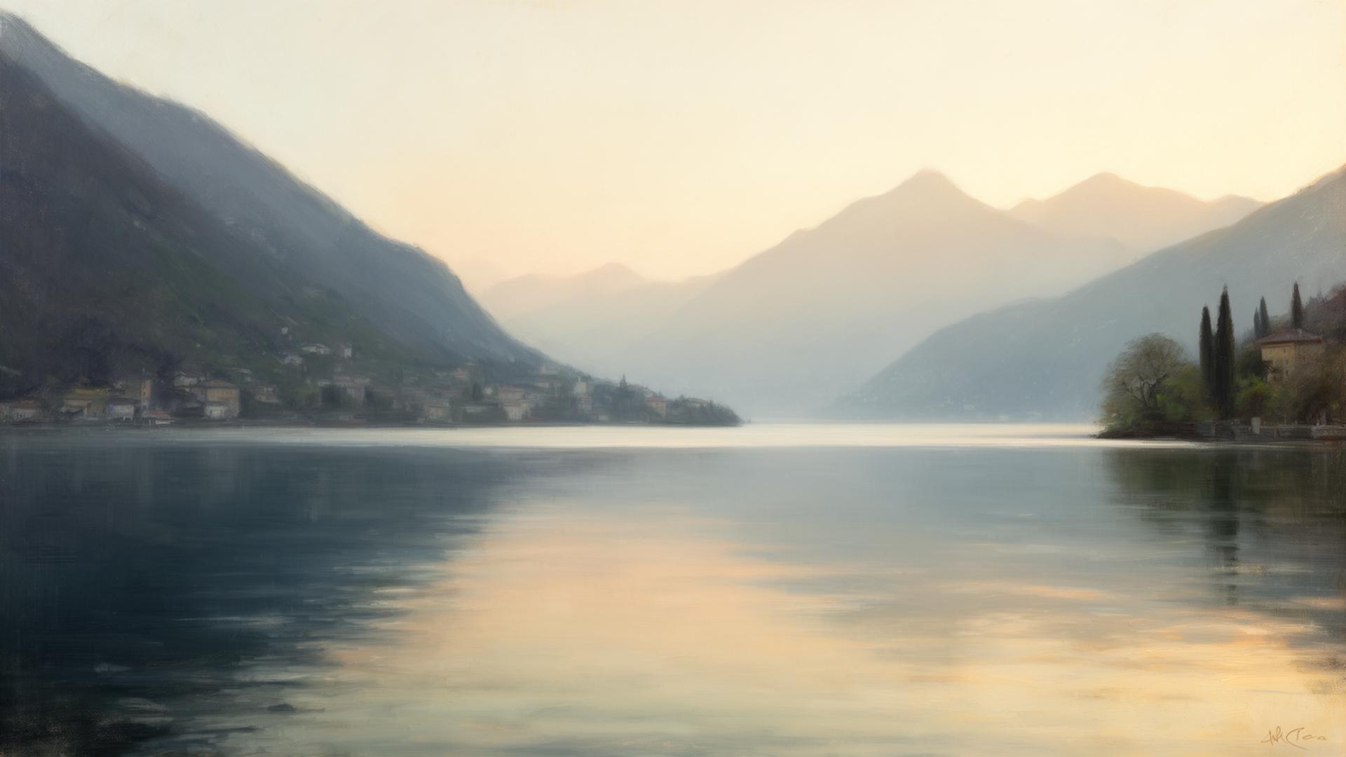 A calm view of Lake Como at dawn